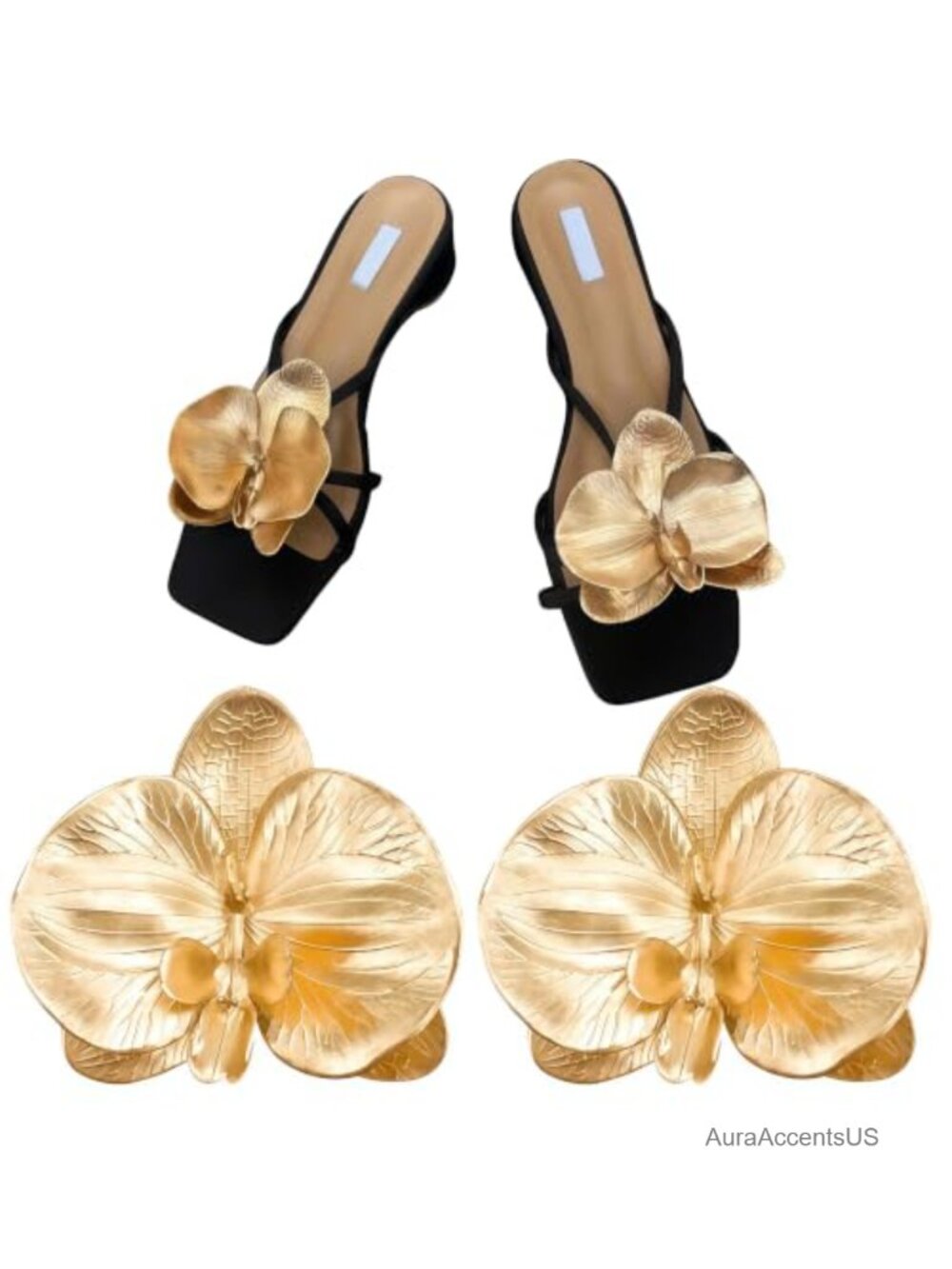Gold Orchid Flower Shoe Clips Decorative Charms for Dress Shoes Sandals Set of 2